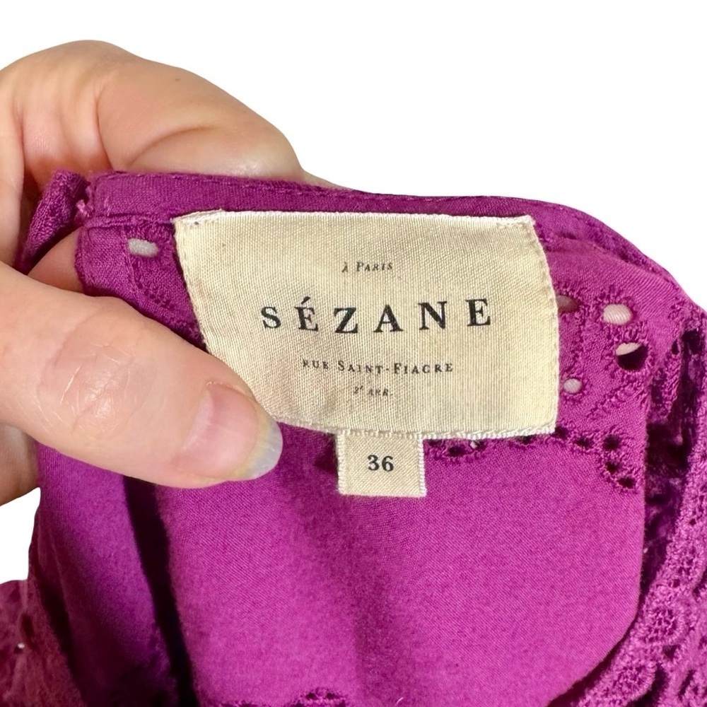 Sezane Elsa Blouse Eyelet Embroidered Ruffled Openwork in Purple Violet sz36/US4 - Picture 9 of 13